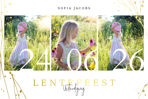 Feestelijke lentefeestuitnodiging met drie foto's en gouden