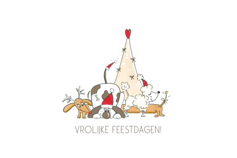 Kerstkaart met honden en kerstboom