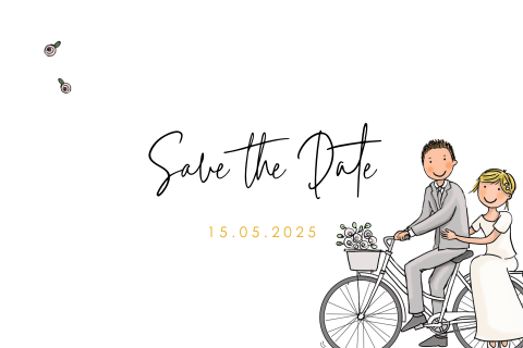 Save the Date kaart bruiloft met cartoon bruidspaar op de fiets