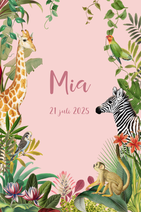 Jungle babykaart met dieren en takjes op roze achtergrond