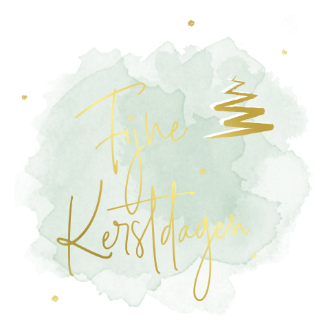 Hippe goudfolie kerstkaart met kerstboom en stipjes op blauwe aquarel