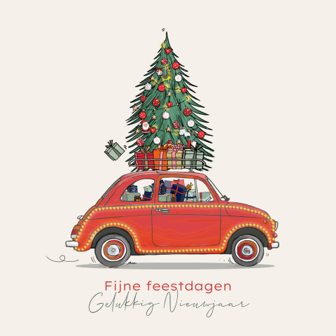 Originele kerstkaart met Fiat 500 rood en kerstboom