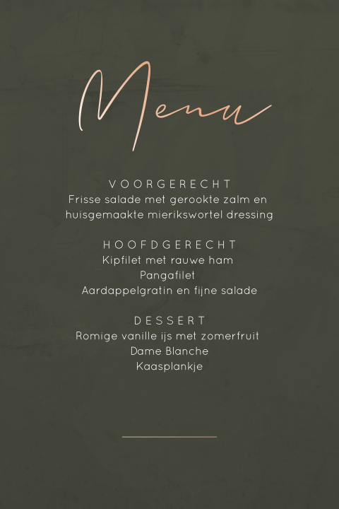 Chique menukaart met ronde hoeken, donkergroen en roségoudfolie