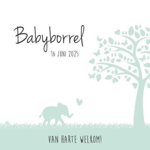 Schattig babyborrelkaartje met silhouet van olifant en boom