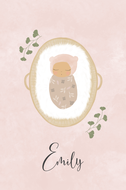 Geboortekaart met baby in mozesmandje