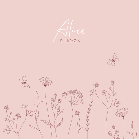 Geboortekaartje meisje lijntekening bloemen en vlinders