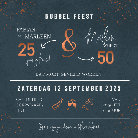 Dubbel feest uitnodiging in donkerblauw en koperlook