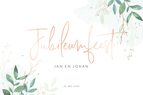 Jubileum feest uitnodiging met botanische takjes en roségoudfolie