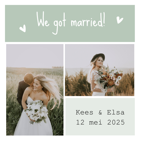 Kaart "We got married" in mintgroen met foto's