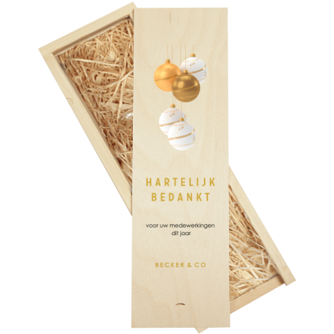 Wijnkist met gouden en witte kerstballen voor zakenrelaties