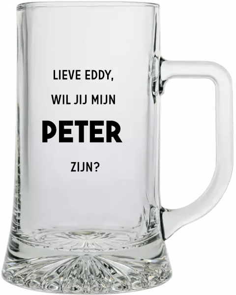 Bierglas voor peter vragen met grote tekst