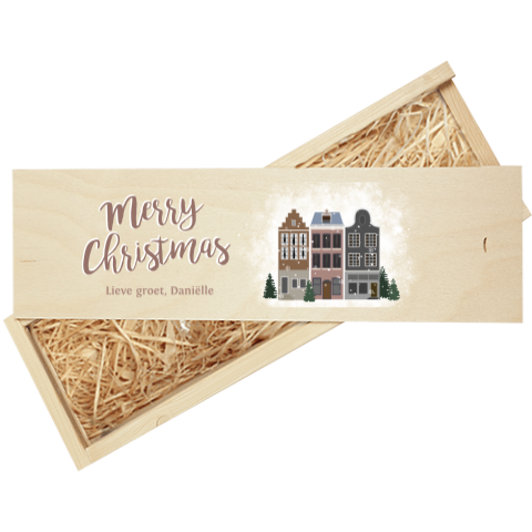 WIjnkist met vrolijke kersthuisjes en kerstwens