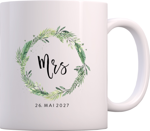 Mok huwelijk met bladerkrans en mrs