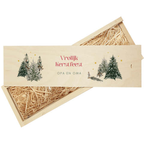 Wijnkist met kerstbomen en rode tekst
