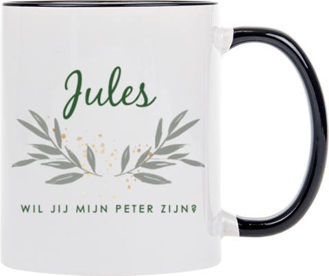 Mok met zwart oor en groene opdruk met bladertakjes