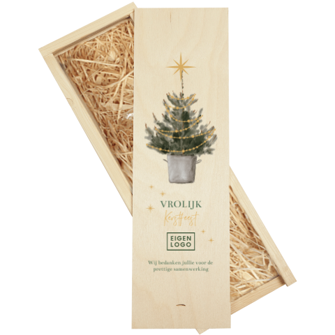 Wijnkist voor zakelijke relatie met kerstboom en lampjes