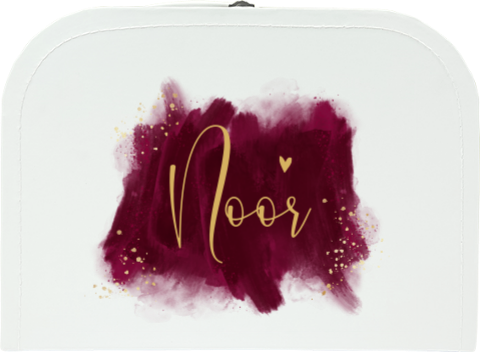 Geboortekoffertje in wit met burgundy watercolour en gouden verfspetters