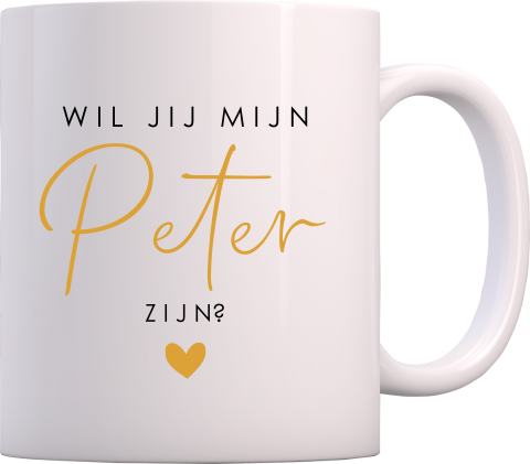Witte mok met okergeel hartje voor peter of meter