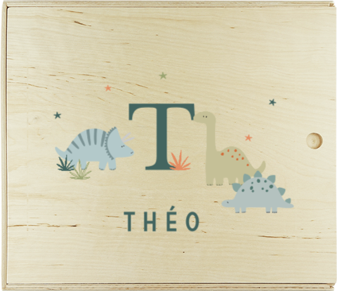 Houten presentatie doos met dinosaurus en sterren