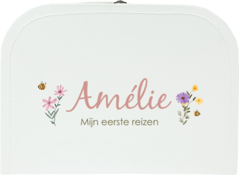 Geboortekoffertje met naam en kleurrijke veldbloemen