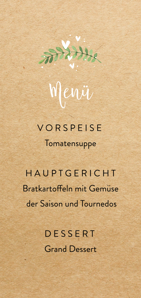 Menükarte mit Zweig und Herzen auf Kraft-Look