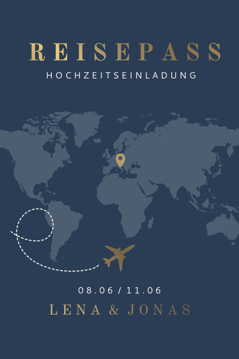 Hochzeitseinladung Reisepass in Blau mit Mattgoldfolie