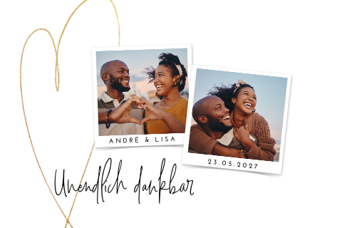 Danksagungskarte Hochzeit mit Polaroid-Fotos und großem Herz