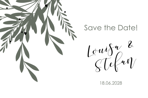 Save the date Karte mit grünen Zweigen und Herzen