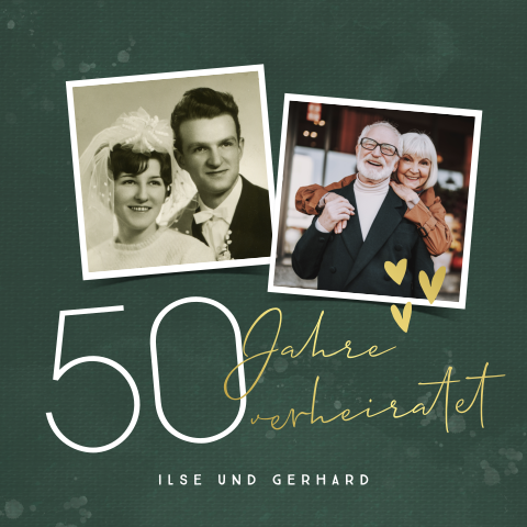 Einladung zur goldenen Hochzeit mit grünem Hintergrund und Fotos