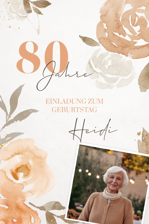 Herbstliche Einladung zum 80 Geburtstag mit Foto und Blumen