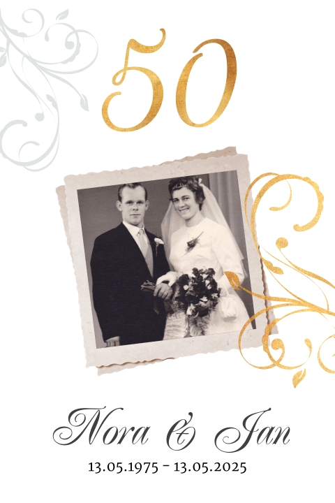 Elegante Einladung zur Goldenen Hochzeit in Gold mit Foto