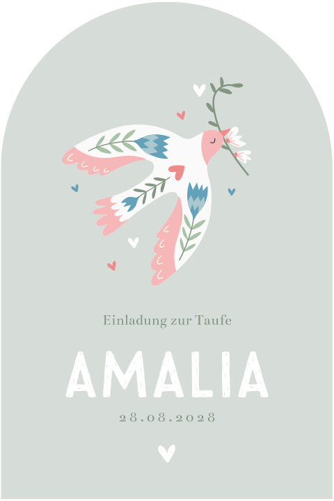 Einladung zur Taufe in Bogenform mit Tauben Motiv auf der Vorderseite