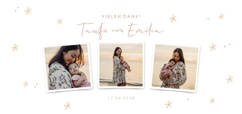 Danksagung Taufe mit drei Fotos und Blümchen im Querformat