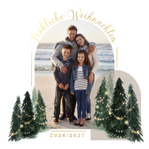 Foto Weihnachtskarte mit Weihnachtsbaum und Goldfolie-Girlanden