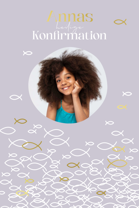 Verspielte Einladung zur Konfirmation mit GoldfolieFischen in lavendel