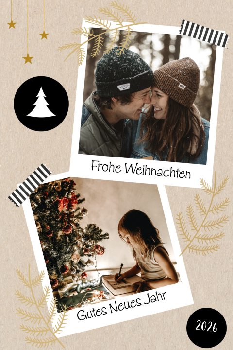 Weihnachtskarte mit Tannenzweigen, Weihnachtsbaum und Fotos