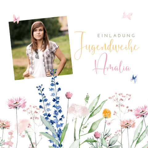 Einladung zur Jugendweihe mit Foto, Blumenwiese und Schmetterlingen
