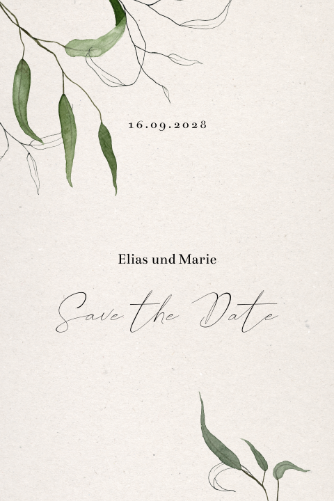 Save the Date Karte mit grünen Aquarell Blättern
