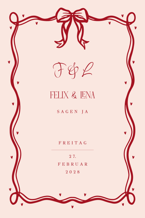 Hochzeitseinladung in Beige mit welligem, roten Rahmen und Schleife