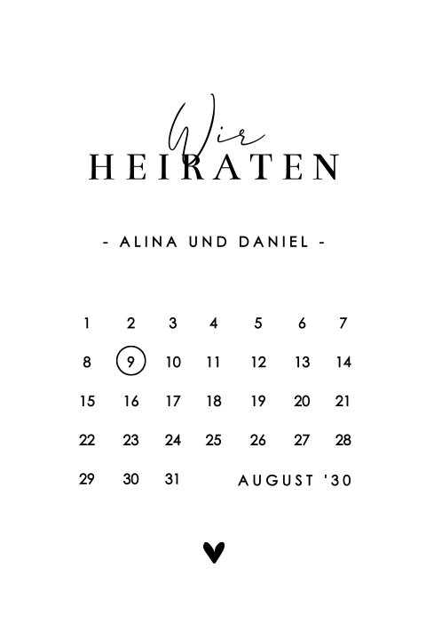 Hochzeitseinladung mit Kalender und runden Ecken