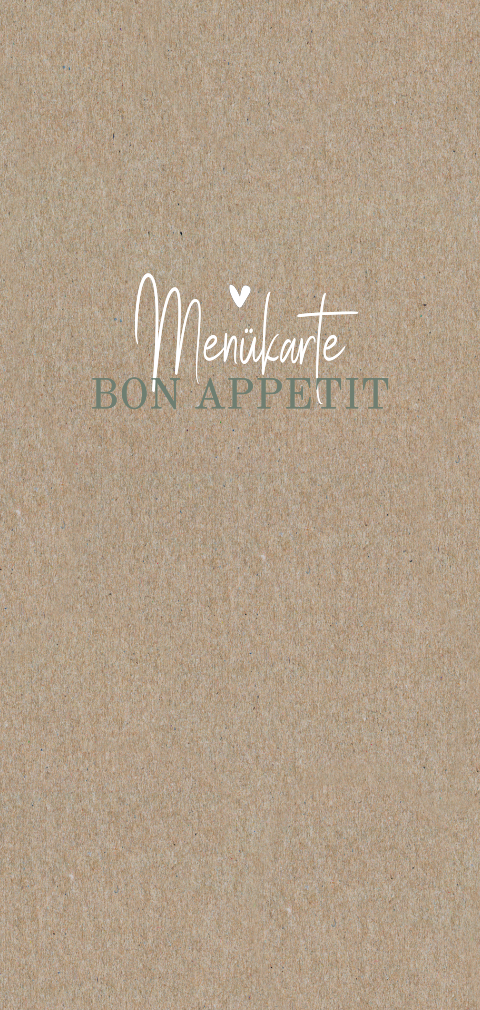 Menükarte auf Kraftpapier mit weißen Herzen und grünem Text