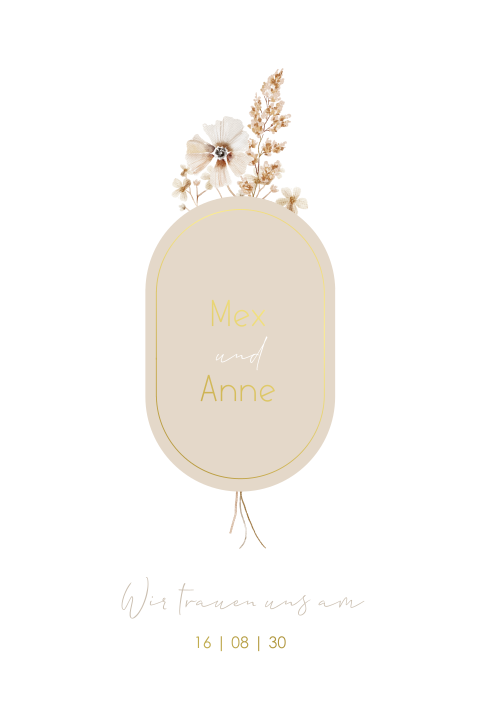 Beige Hochzeitseinladung mit runden Ecken und Blümchen