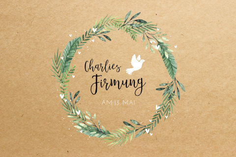 Einladung Firmung mit Blätterkranz, weißer Taube und Herzen