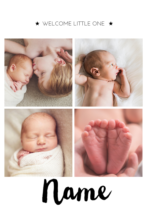 Geburtskarte mit vier Fotos und Sterne