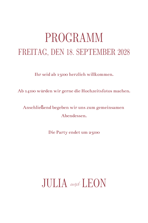 Fröhliche Programmkarte zur Hochzeit mit Namen des Paares