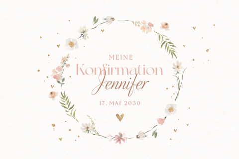 Romantische Einladung zur Konfirmation mit Blumenkranz und Herzchen