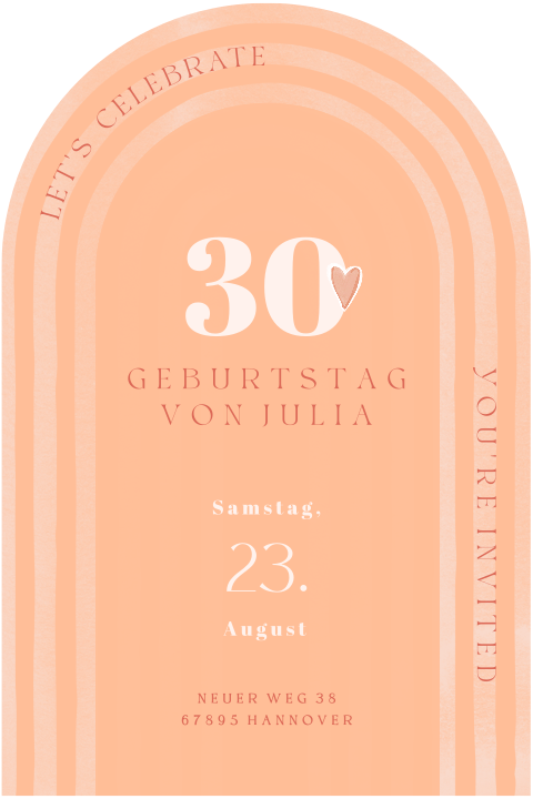 Einladung zum 30. Geburtstag in Bogenform mit Streifen und Herz