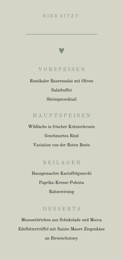 Grüne minimalistische Menükarte mit Herz und Namen