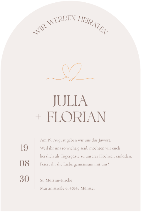 Stilvolle Beige Hochzeitskarte in Bogenform mit Kupferfolie