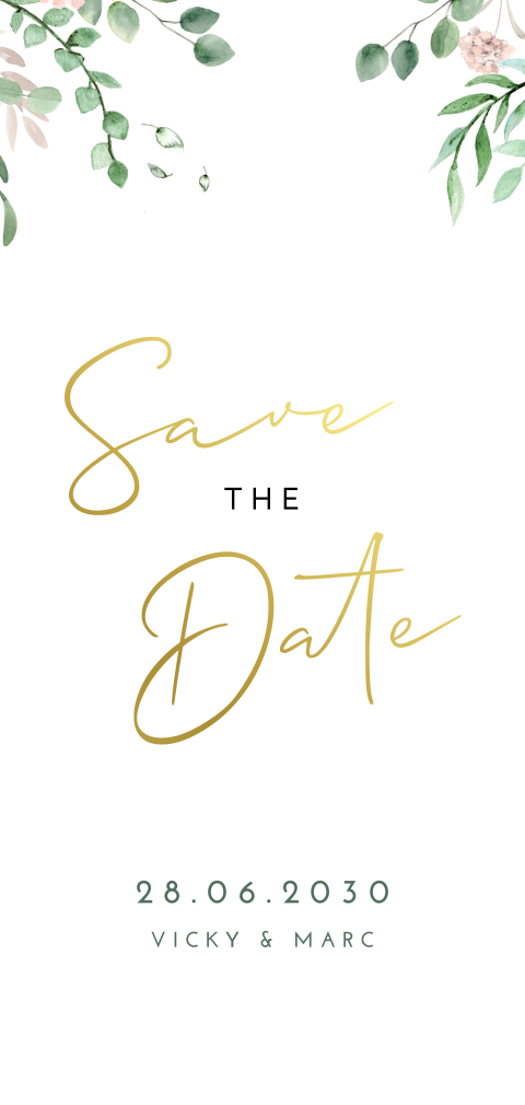 Blumige Save the date Karte mit grünen Zweigen und rosa Blumen